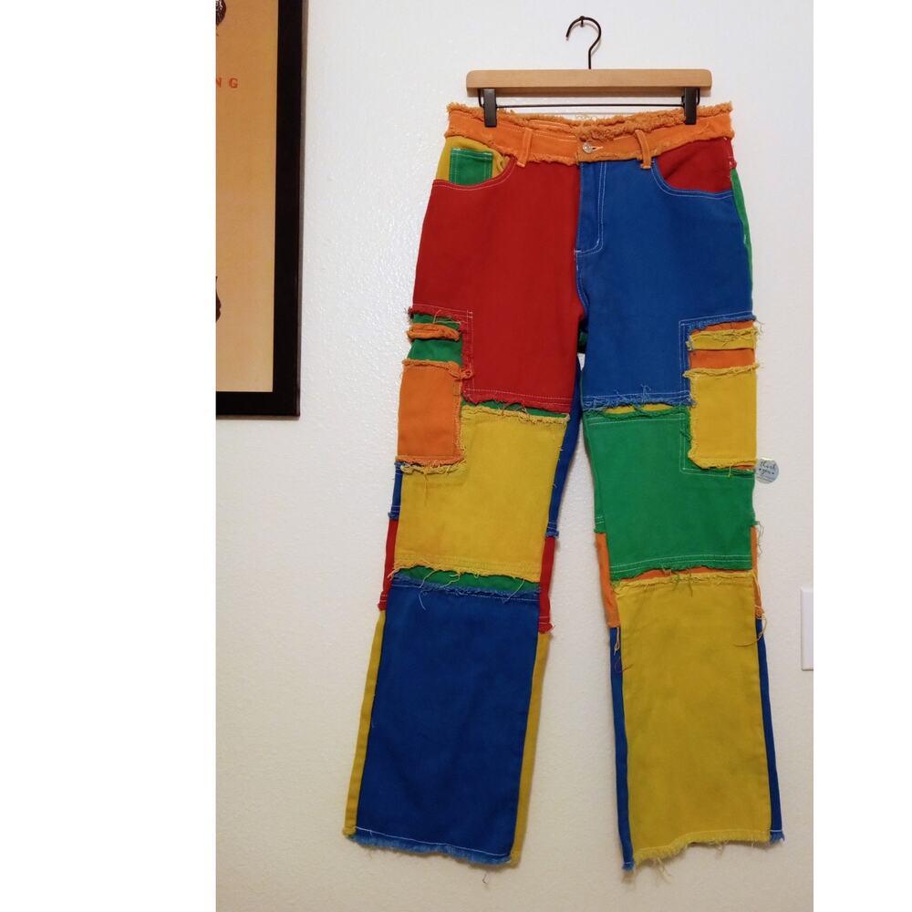 Primary Colors Color Block Patchwork Denim Boyfriend Fit Funky Jeans SZ 32 - Picture 3 of 10
